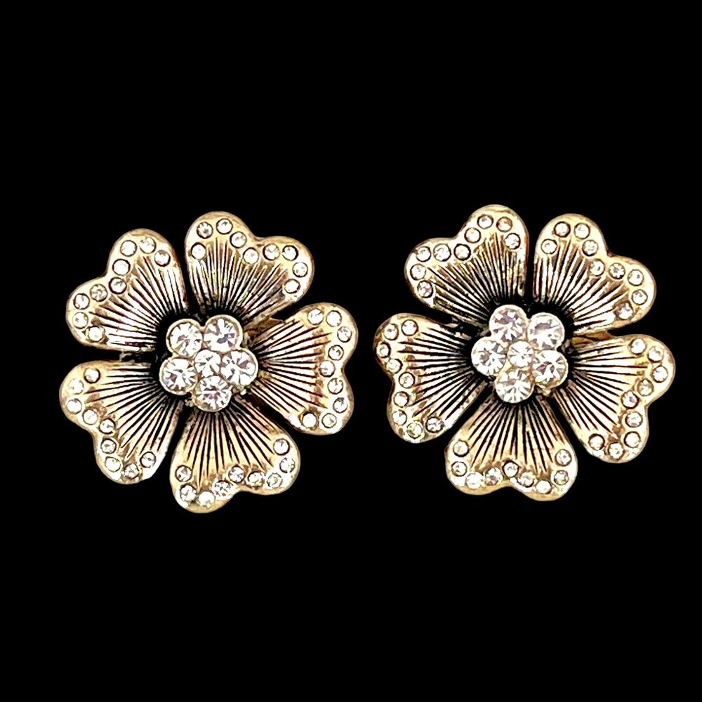 New Gold Tone Earrings Crystal Flower Clip Post Statement - 1B